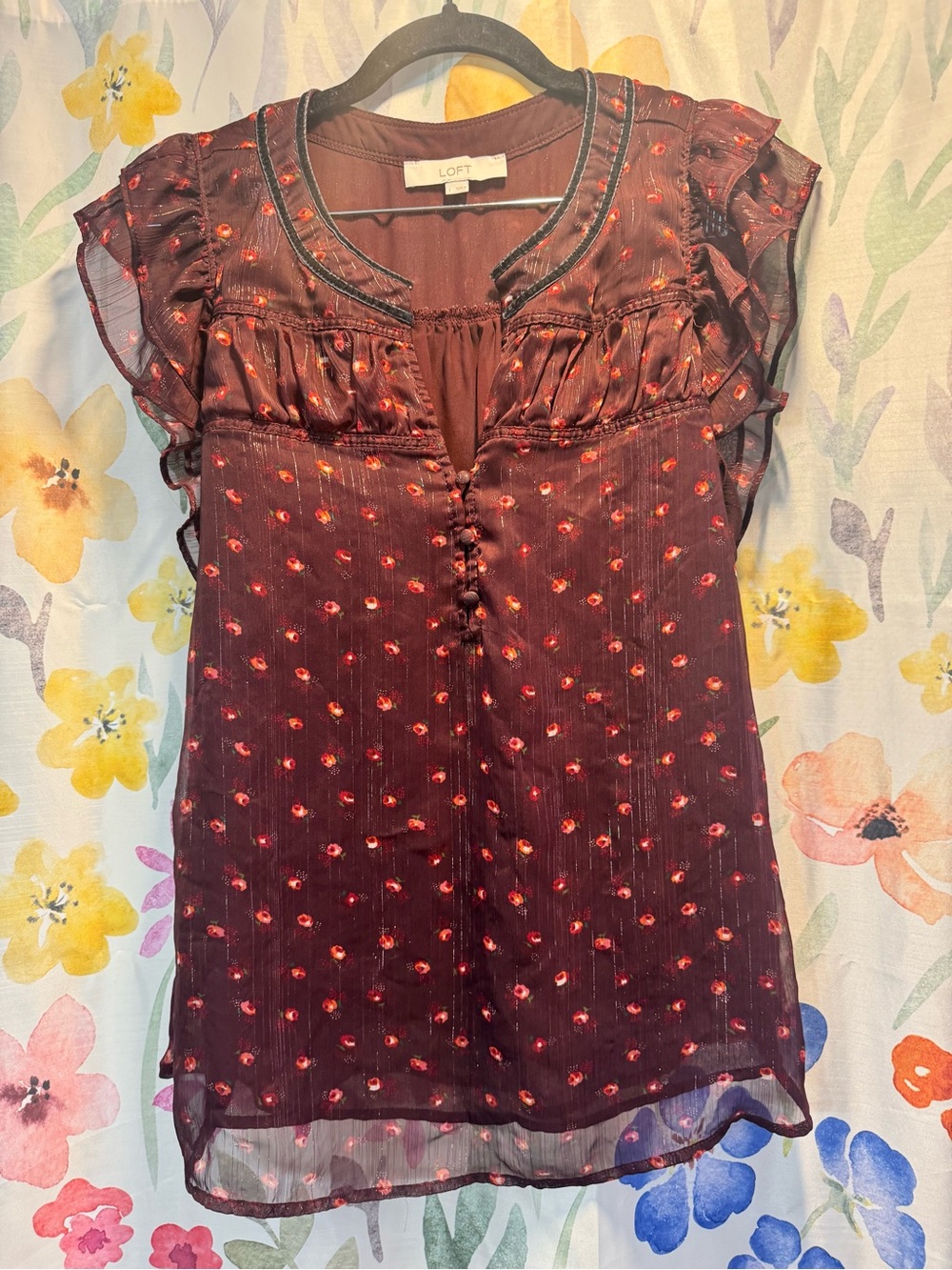 LOFT Maroon Floral Cap-Sleeve Blouse